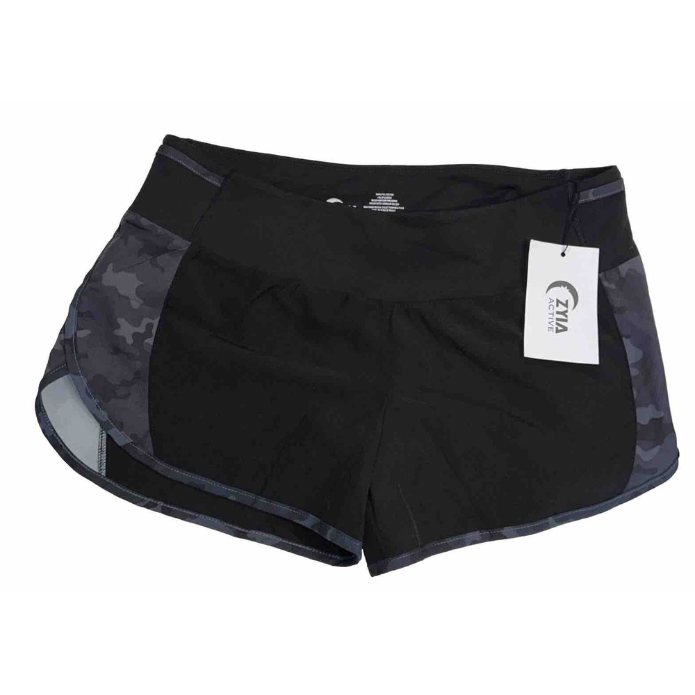 NWT Womens Zyia Active Black And Camo 5 Star Shorts Size Large 3" New